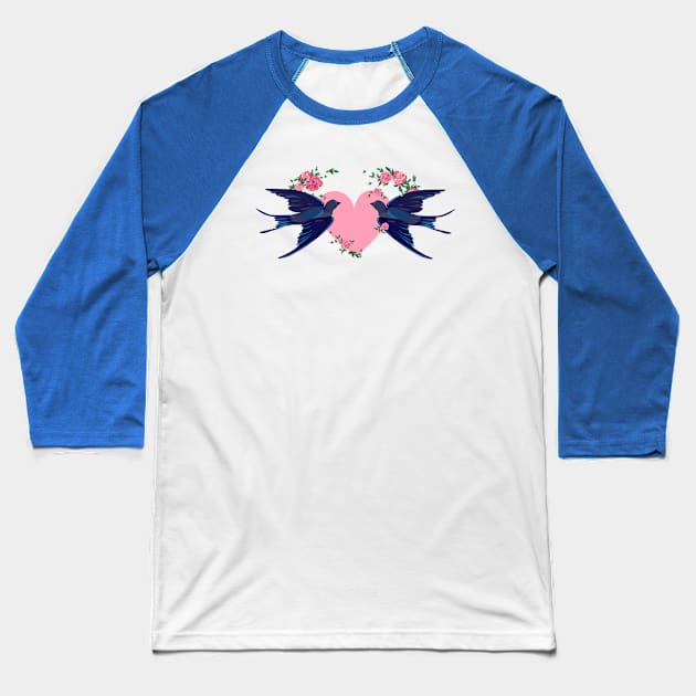 Swallow Flying Heart Birds Baseball T-Shirt by Mako Design 